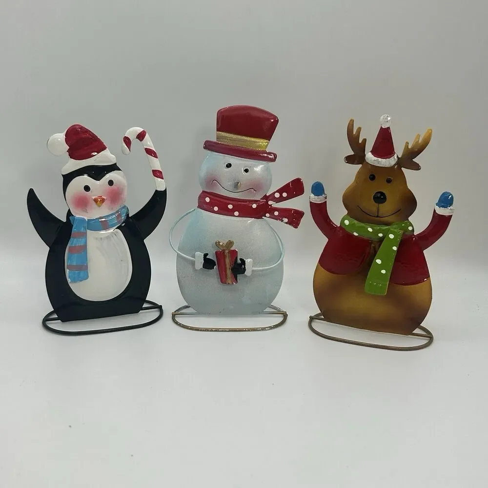 Lot of 3 Metal Christmas Decor Penguin Snowman Reindeer Holiday Tabletop Figures
